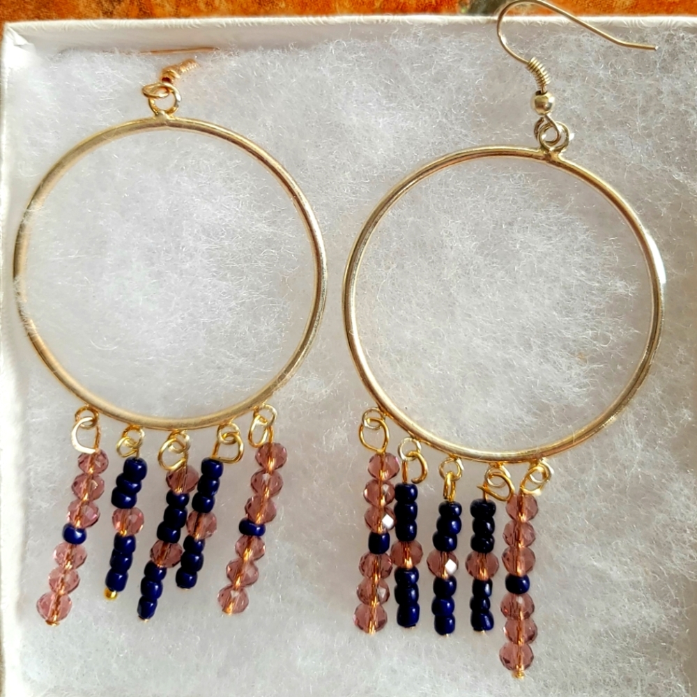 ARTESAN DESIGNED SWAROVSKI LONG TOPAZ &EBONY XTRA LARGE CHANDOLIER  HOOP EARRING